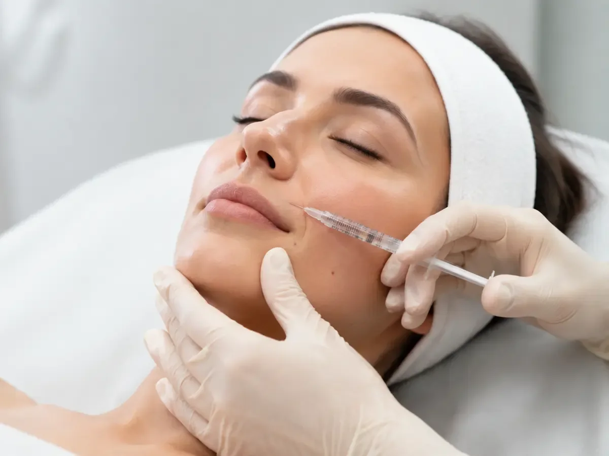 A gloved practitioner administering a facial injectable treatment in a clinic.